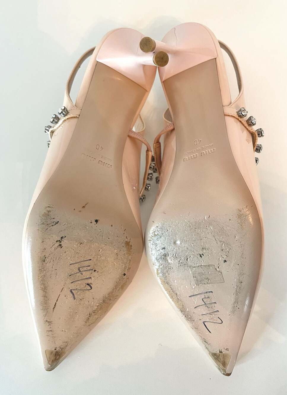 Miu Miu Light Pink Patent Leather Crystal Embellished Slingback Pumps Heel Sz 40 - Picture 6 of 7